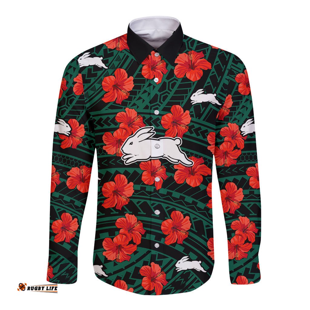 Custom Text And Number Rabbitohs Rugby Long Sleeve Button Shirt Polynesian Style With Hibiscus