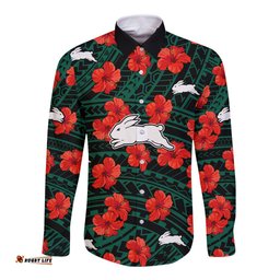 Custom Text And Number Rabbitohs Rugby Long Sleeve Button Shirt Polynesian Style With Hibiscus