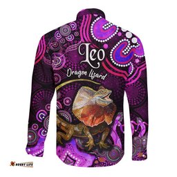 Australian Astrology Hawaii Long Sleeve Button Shirt Leo Dragon Lizard Zodiac Aboriginal Vibes Pink
