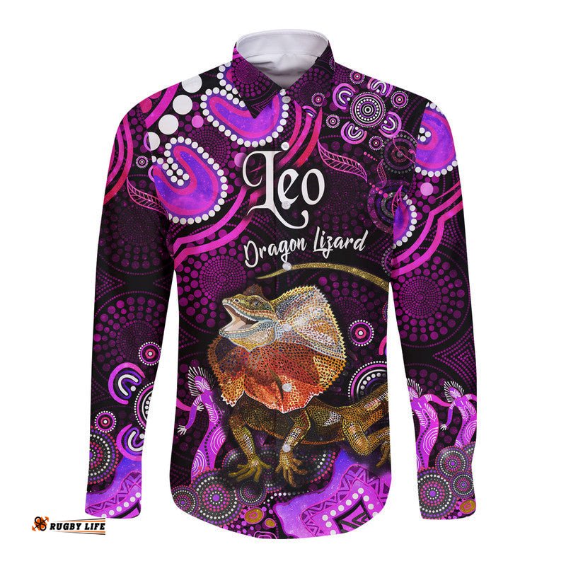 Australian Astrology Hawaii Long Sleeve Button Shirt Leo Dragon Lizard Zodiac Aboriginal Vibes Pink