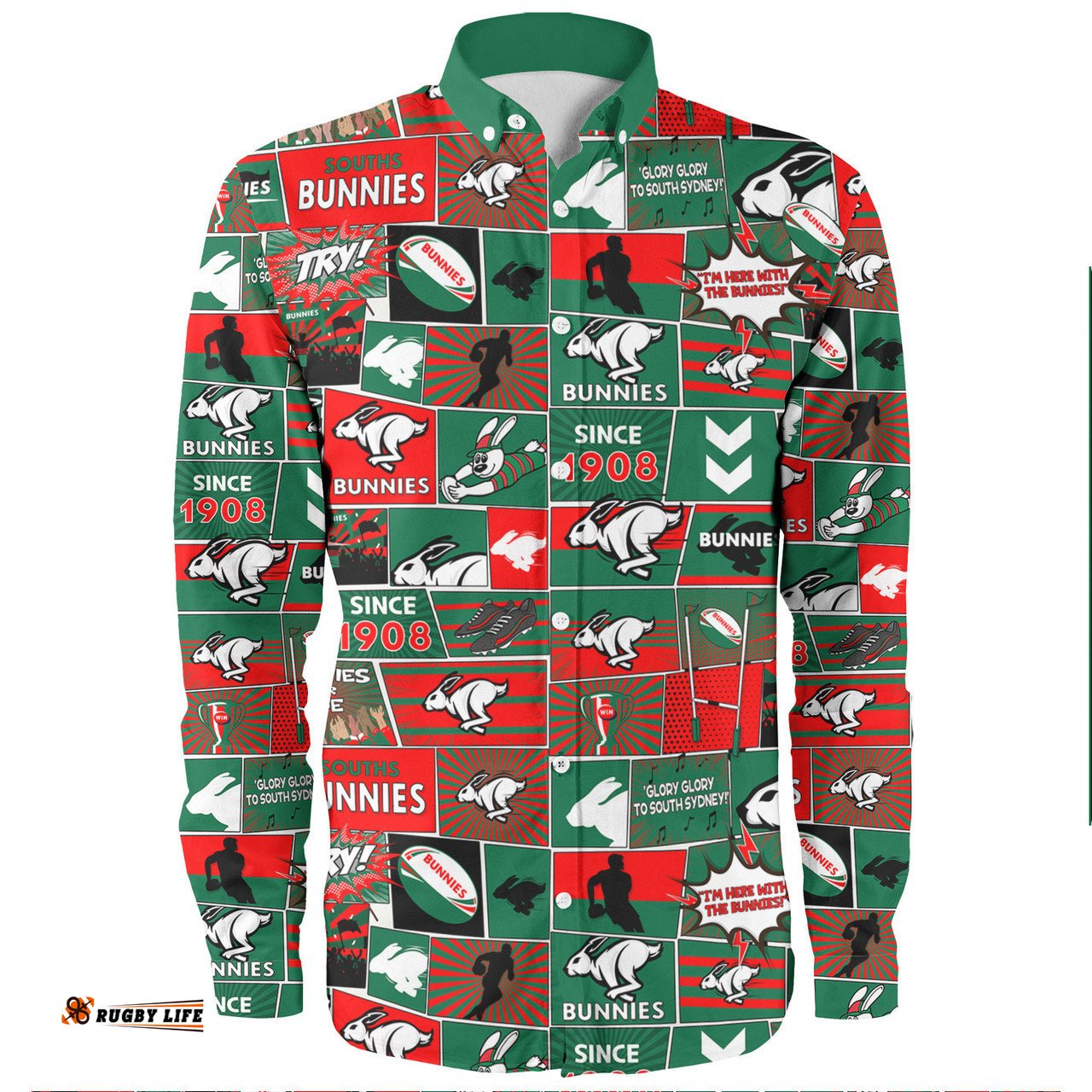 South Sydney Rabbitohs Long Sleeve Button Shirt - Team Of Us Die Hard Fan Supporters Comic Style
