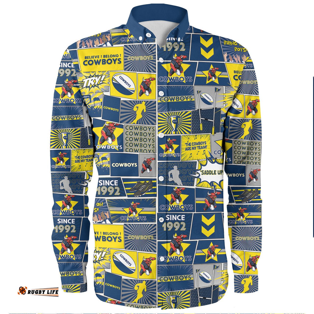 North Queensland Cowboys Long Sleeve Button Shirt - Team Of Us Die Hard Fan Supporters Comic Style
