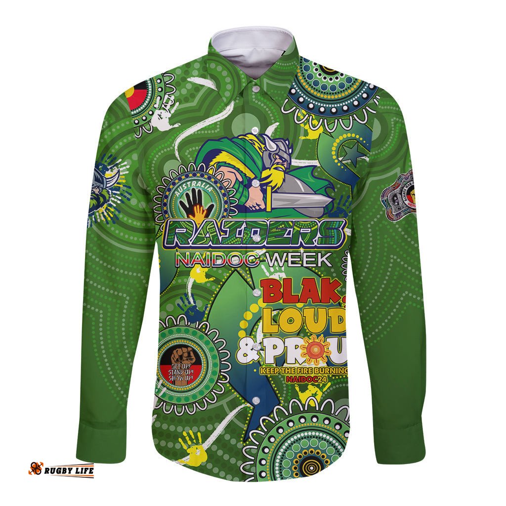 Personalised NAIDOC Week 2024 Raiders Long Sleeve Button Shirt Australia Fire Burning