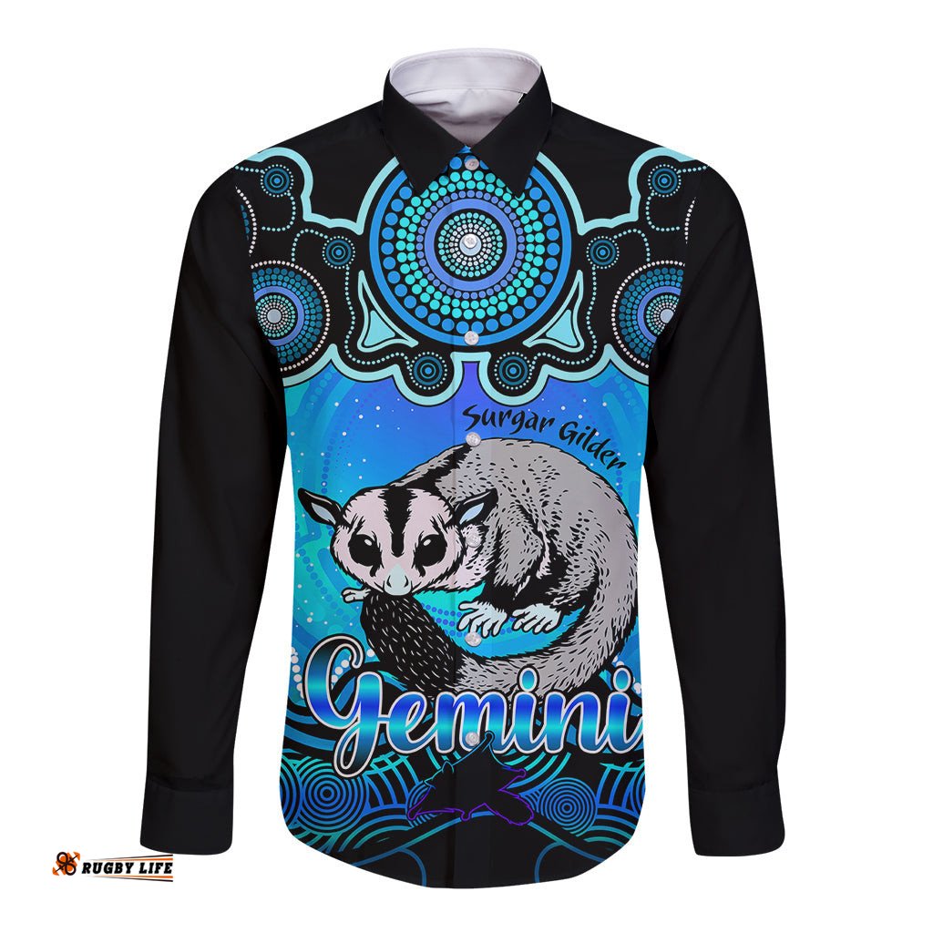 Personalised Australia Gemini Sugar Gilder Zodiac Long Sleeve Button Shirt Auz Astrology Aboriginal - Aqua