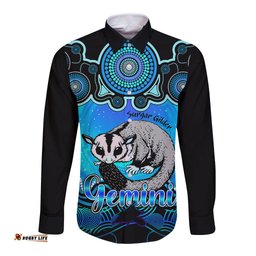 Personalised Australia Gemini Sugar Gilder Zodiac Long Sleeve Button Shirt Auz Astrology Aboriginal - Aqua