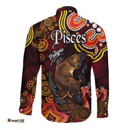 Australian Astrology Hawaii Long Sleeve Button Shirt Pisces Platypus Zodiac Aboriginal Vibes Red