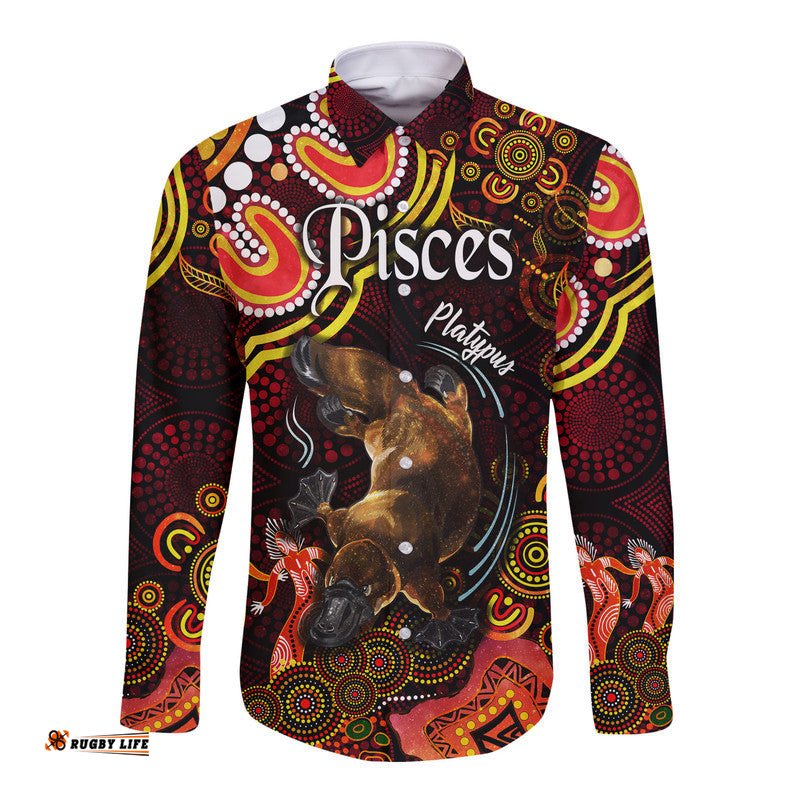 Australian Astrology Hawaii Long Sleeve Button Shirt Pisces Platypus Zodiac Aboriginal Vibes Red