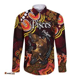 Australian Astrology Hawaii Long Sleeve Button Shirt Pisces Platypus Zodiac Aboriginal Vibes Red