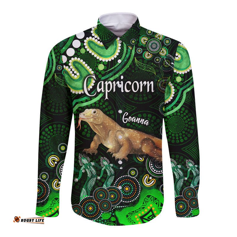 Australian Astrology Hawaii Long Sleeve Button Shirt Capricorn Goanna Zodiac Aboriginal Vibes Green