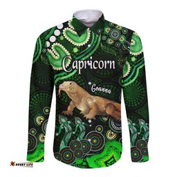 Australian Astrology Hawaii Long Sleeve Button Shirt Capricorn Goanna Zodiac Aboriginal Vibes Green