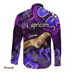 Australian Astrology Hawaii Long Sleeve Button Shirt Capricorn Goanna Zodiac Aboriginal Vibes Purple