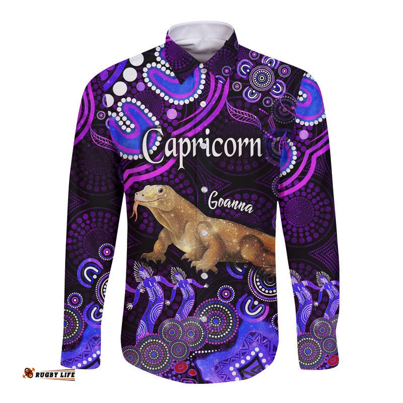 Australian Astrology Hawaii Long Sleeve Button Shirt Capricorn Goanna Zodiac Aboriginal Vibes Purple