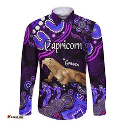 Australian Astrology Hawaii Long Sleeve Button Shirt Capricorn Goanna Zodiac Aboriginal Vibes Purple