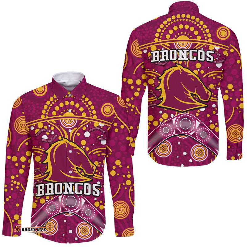 Broncos Rugby Hawaii Long Sleeve Button Shirt Boomerang Indigenous Dots