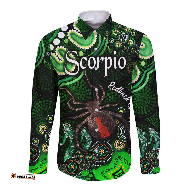 Custom Personalised Australian Astrology Hawaii Long Sleeve Button Shirt Scorpio Redback Spider Zodiac Aboriginal Vibes Green