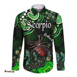 Custom Personalised Australian Astrology Hawaii Long Sleeve Button Shirt Scorpio Redback Spider Zodiac Aboriginal Vibes Green