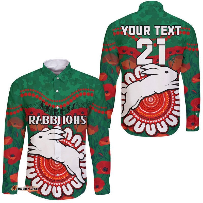 Custom Personalised Rabbitohs Rugby ANZAC Hawaii Long Sleeve Button Shirt Camouflage Poppy