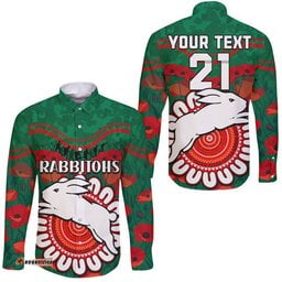 Custom Personalised Rabbitohs Rugby ANZAC Hawaii Long Sleeve Button Shirt Camouflage Poppy