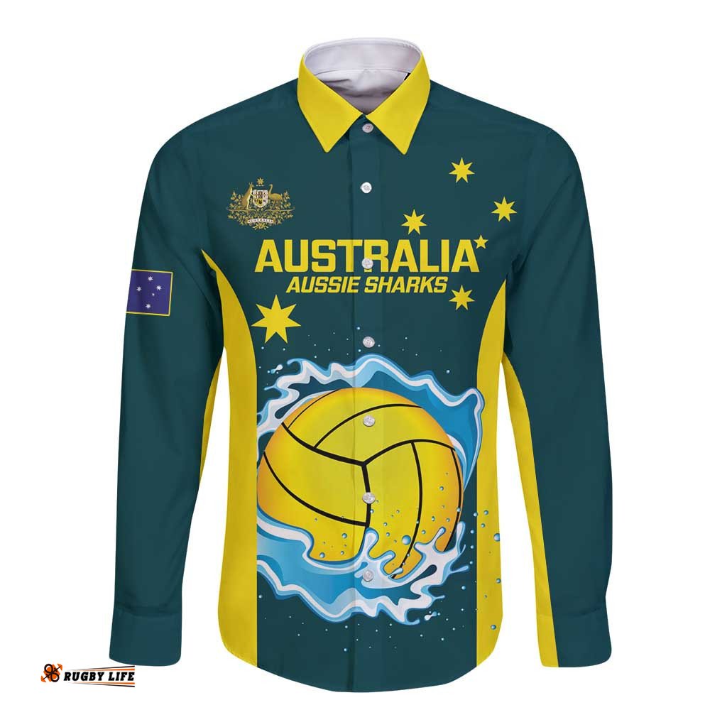 Custom Australia Water Polo 2024 Long Sleeve Button Shirt Aussie Shark National Color Version
