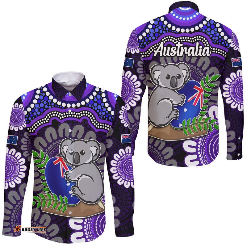 Australia Koala Aboriginal Hawaii Long Sleeve Button Shirt Koala Hugging Rugby Ball Purple