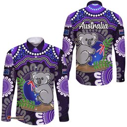 Australia Koala Aboriginal Hawaii Long Sleeve Button Shirt Koala Hugging Rugby Ball Purple