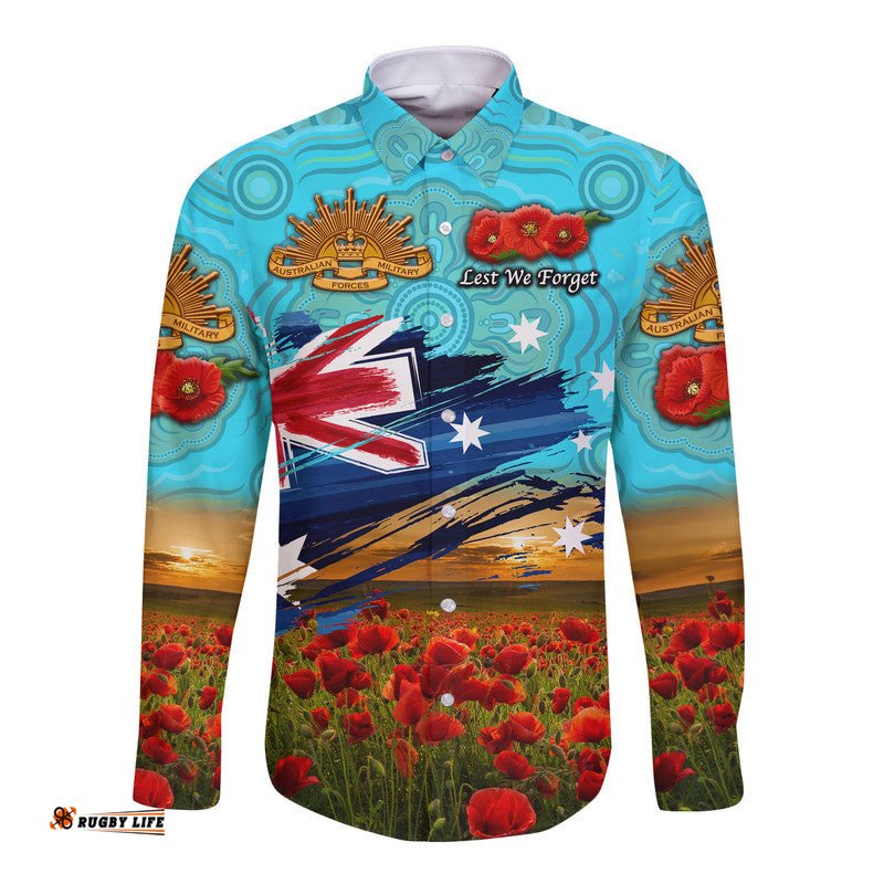 Australia Aboriginal ANZAC Hawaii Long Sleeve Button Shirt Poppy Vibes Blue