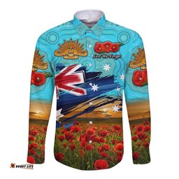 Australia Aboriginal ANZAC Hawaii Long Sleeve Button Shirt Poppy Vibes Blue