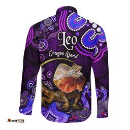 Australian Astrology Hawaii Long Sleeve Button Shirt Leo Dragon Lizard Zodiac Aboriginal Vibes Purple