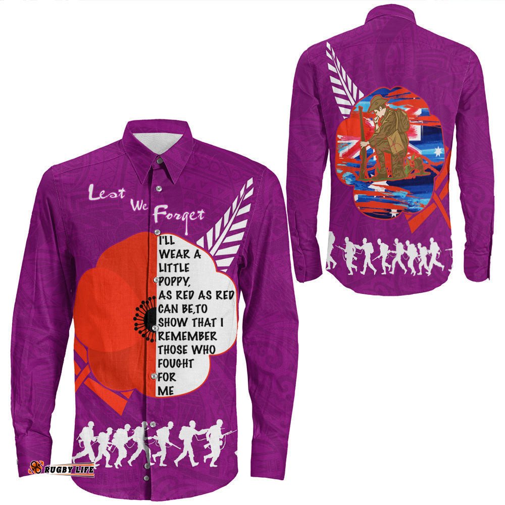 New Zealand Anzac Red Poopy Purple Long Sleeve Button Shirt