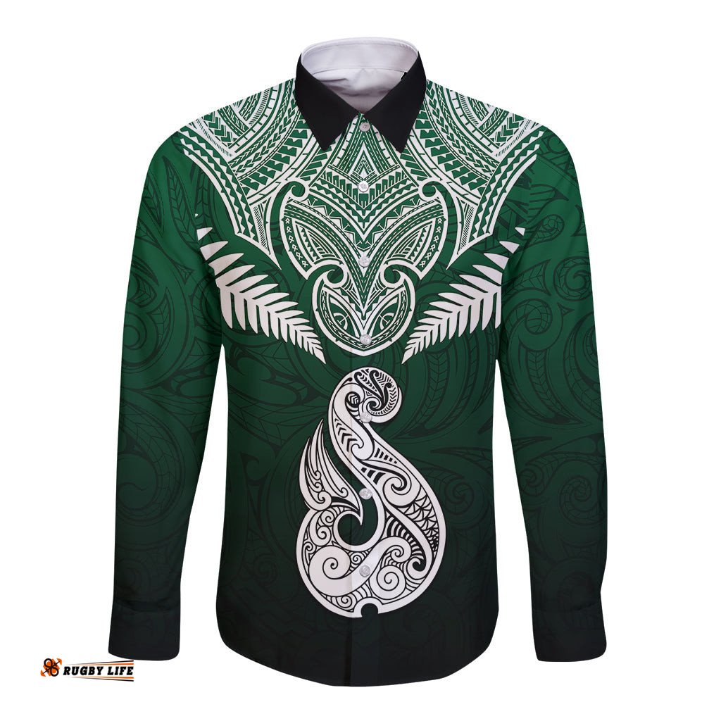 Peronsalised New Zealand Long Sleeve Button Shirt Hei Matau Mix Silver Fern Basic