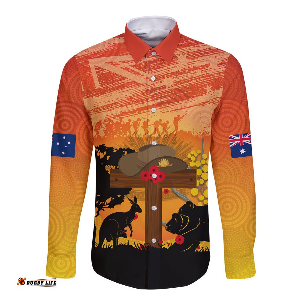 Australia ANZAC Day Long Sleeve Button Shirt Koala and Kangaroo Respect Aboriginal Pattern