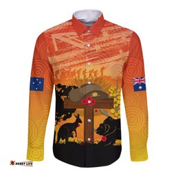 Australia ANZAC Day Long Sleeve Button Shirt Koala and Kangaroo Respect Aboriginal Pattern