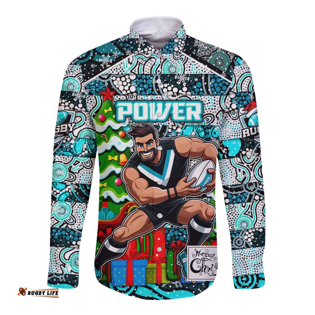 Custom Power Football Merry Christmas Long Sleeve Button Shirt Indigenous Australian Art