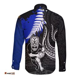 Personalised Aotearoa Rugby Long Sleeve Button Shirt All Black Maori Fern