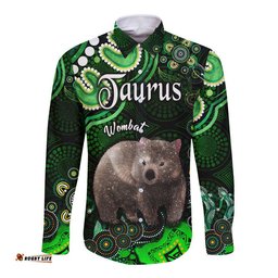 Custom Personalised Australian Astrology Hawaii Long Sleeve Button Shirt Taurus Wombat Zodiac Aboriginal Vibes Green