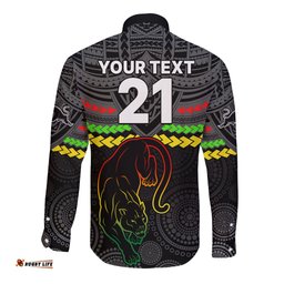 Custom Panthers Rugby Long Sleeve Button Shirt Polynesian and Aboriginal Vibe