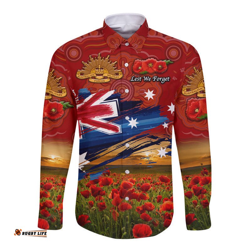 Australia Aboriginal ANZAC Hawaii Long Sleeve Button Shirt Poppy Vibes Red