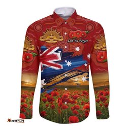 Australia Aboriginal ANZAC Hawaii Long Sleeve Button Shirt Poppy Vibes Red