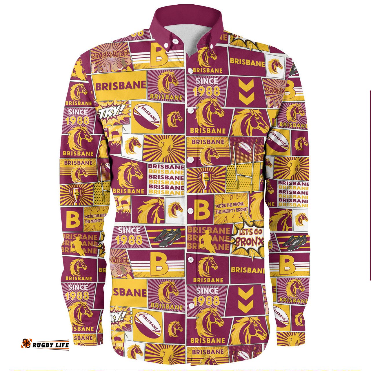 Brisbane Broncos Long Sleeve Button Shirt - Team Of Us Die Hard Fan Supporters Comic Style