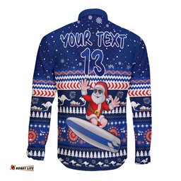 Custom Text and Number Australia Christmas Long Sleeve Button Shirt Aussie Aboriginal Santa Claus is Surfing with Kangaroo