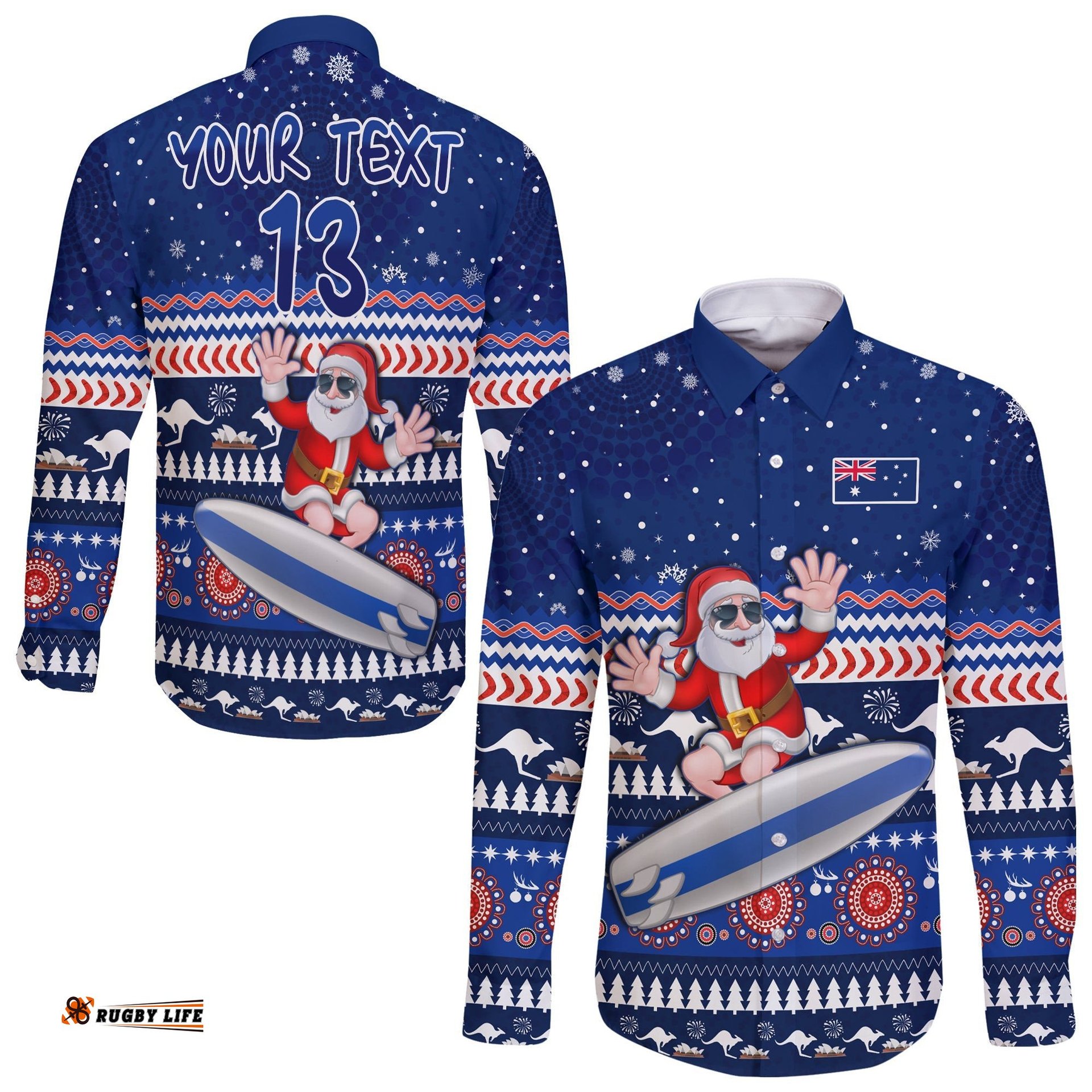 Custom Text and Number Australia Christmas Long Sleeve Button Shirt Aussie Aboriginal Santa Claus is Surfing with Kangaroo