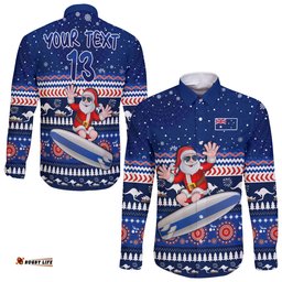Custom Text and Number Australia Christmas Long Sleeve Button Shirt Aussie Aboriginal Santa Claus is Surfing with Kangaroo
