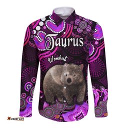 Australian Astrology Hawaii Long Sleeve Button Shirt Taurus Wombat Zodiac Aboriginal Vibes Pink
