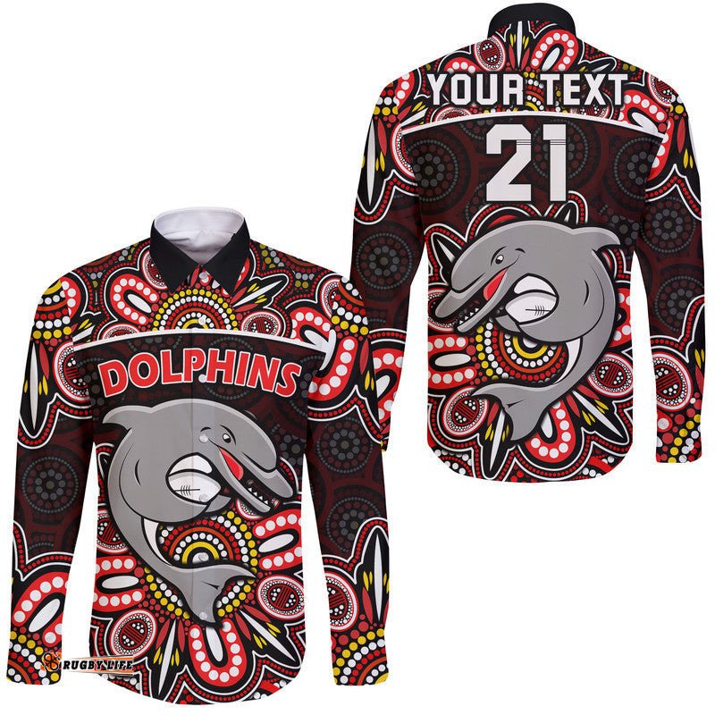 Custom Personalised Dolphins Rugby Hawaii Long Sleeve Button Shirt Aboriginal Dot Painting