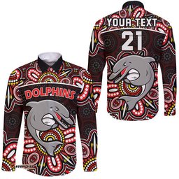 Custom Personalised Dolphins Rugby Hawaii Long Sleeve Button Shirt Aboriginal Dot Painting