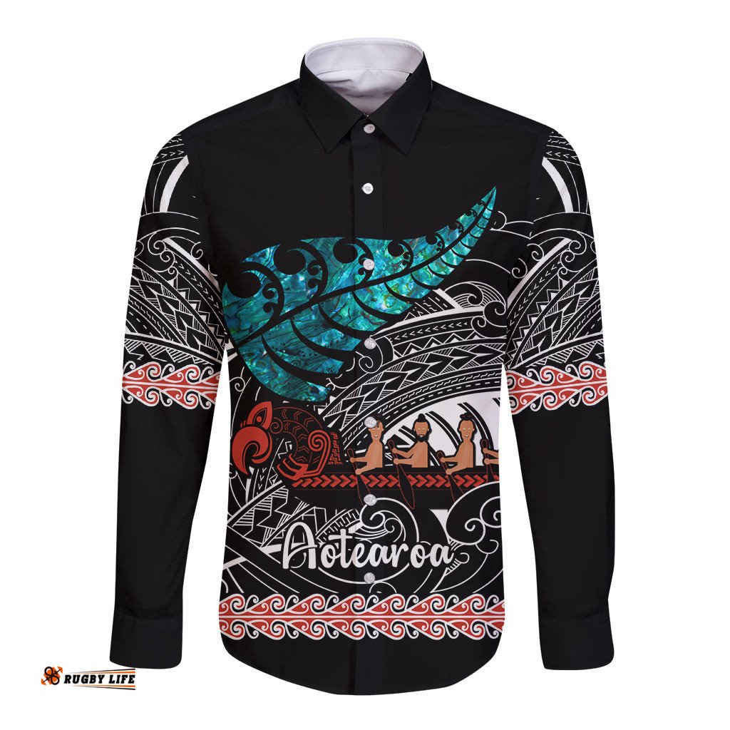 Personalised New Zealand Waka Long Sleeve Button Shirt Aotearoa Maori Silver Fern Pattern