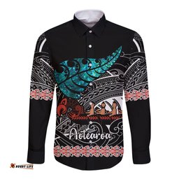 Personalised New Zealand Waka Long Sleeve Button Shirt Aotearoa Maori Silver Fern Pattern