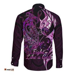 Personalised New Zealand Breast Cancer Long Sleeve Button Shirt Fight Like A Girl Pink Manaia Fern With Paua Shell