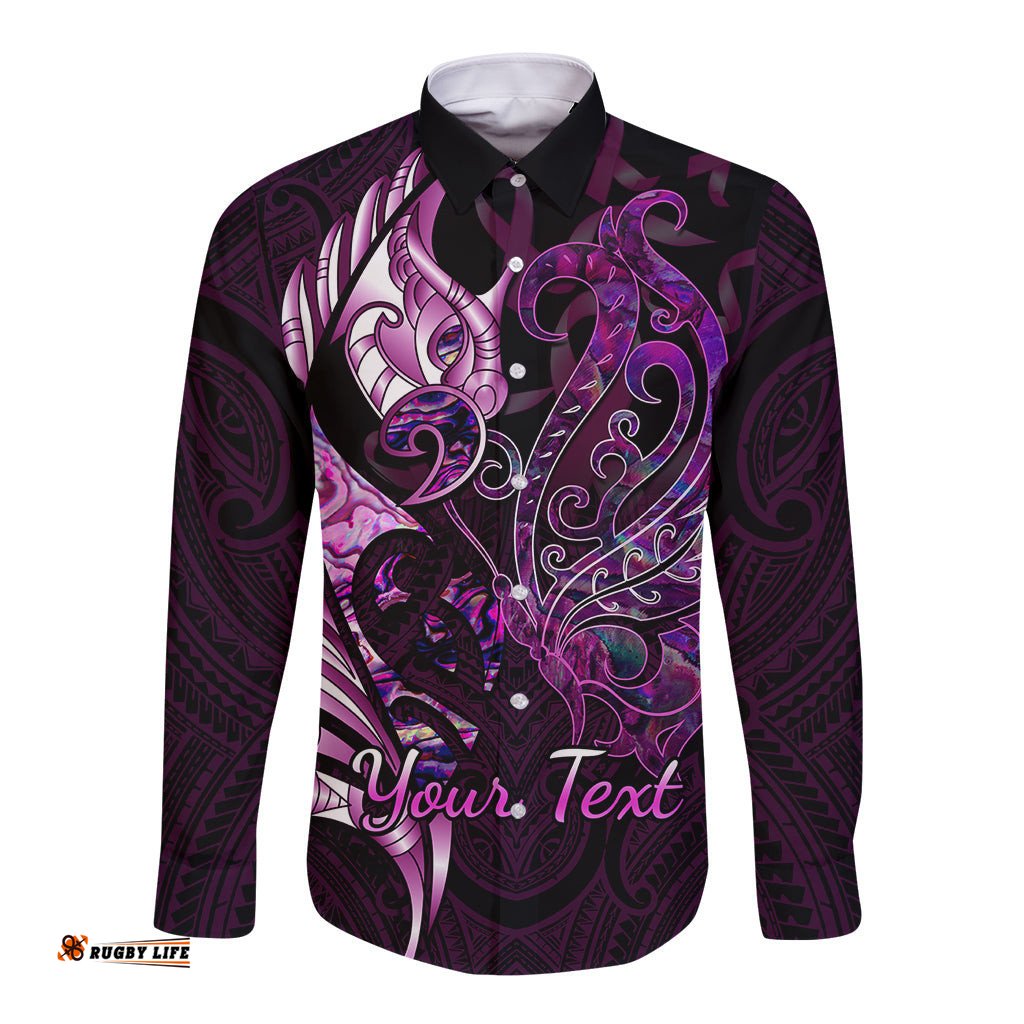 Personalised New Zealand Breast Cancer Long Sleeve Button Shirt Fight Like A Girl Pink Manaia Fern With Paua Shell