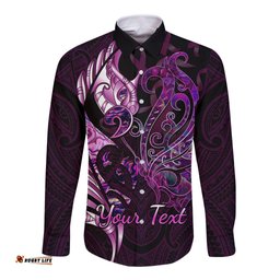 Personalised New Zealand Breast Cancer Long Sleeve Button Shirt Fight Like A Girl Pink Manaia Fern With Paua Shell